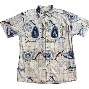 Vintage Global GPS Tracking Nautical Map Fish Short Sleeve Button Up Shirt L